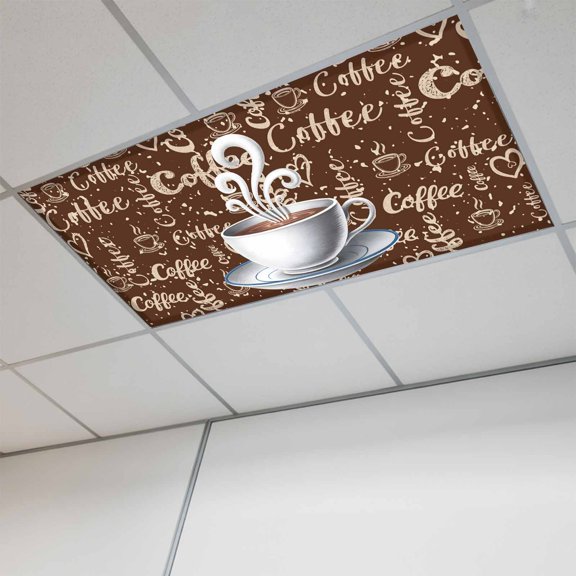 1 Pcs Coffee Cup Fluorescent Light Covers Cafe Retro Dark Brown Background Vintage Magnetic Light Covers for Ceiling Lights 4 x 2 ft Drop Ceiling Lights Cover Shade for Office, Home, Hospital