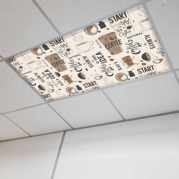 1 Pcs Coffee Cup Fluorescent Light Covers Coffee Beans Linen Background Magnetic Light Covers for Ceiling Lights 4 x 2 ft Drop Ceiling Lights Cover Shade for Office, Home, Hospital