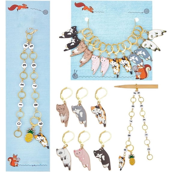 1 Pcs Colorful Cat Knitting Row Counter Chains and 12 Pcs Cat Stitch Markers Alloy Enamel Stitch Marker for Knitting Weaving Sewing Jewelry Making Crochet Tracking