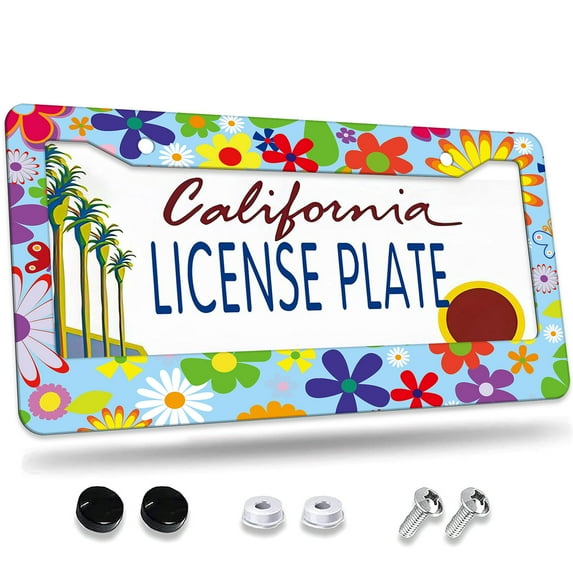 1 Pcs Colorful Flowers on Blue License Plate Frame,License Plate Cover for Car Decorative Parts,Aluminum License Plate Bracket Holder Rust-Proof for US Standard Car