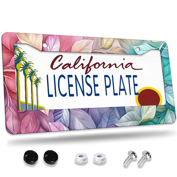 1 Pcs Colorful Leaves License Plate Frame, License Plate Cover for Car Decorative Parts, Aluminum License Plate Bracket Holder Rust-Proof Weather-Proof for US Standard Car