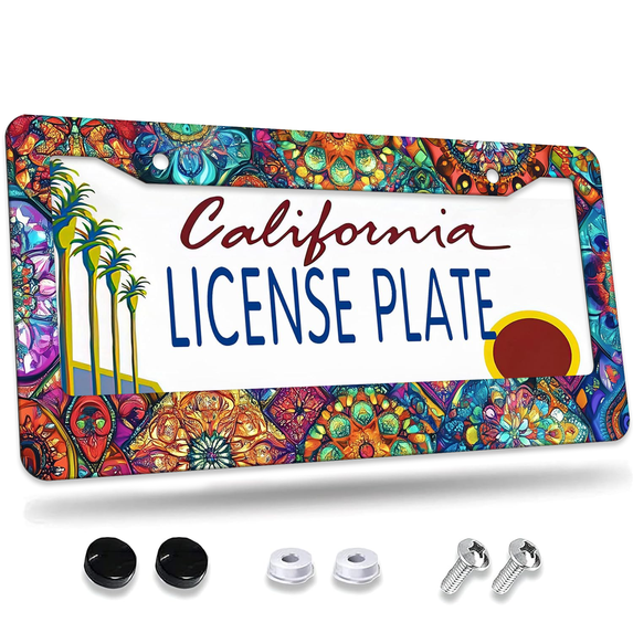 1 Pcs Colorful Mandala License Plate Frame, License Plate Cover for Car Decorative Parts, Aluminum License Plate Bracket Holder Rust-Proof Weather-Proof for US Standard Car