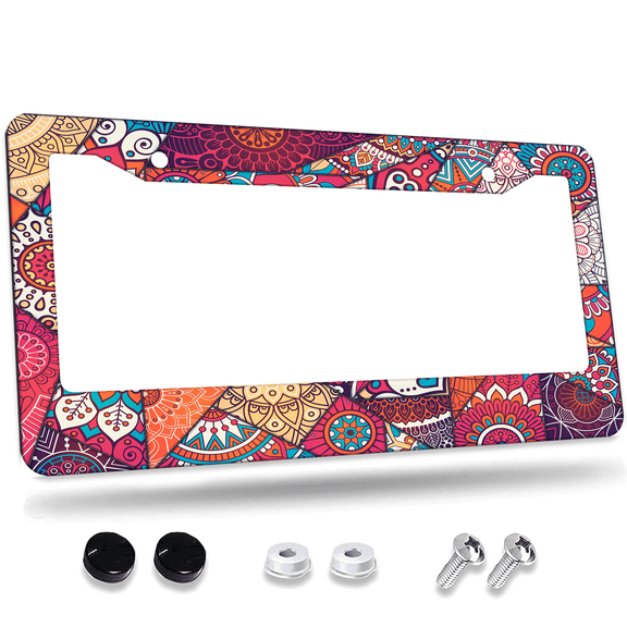 1 Pcs Colorful Mandala inspired Design License Plate Frame, License Plate Cover for Car Decorative Parts, Aluminum License Plate Bracket Holder Rust-Proof for US Standard Car