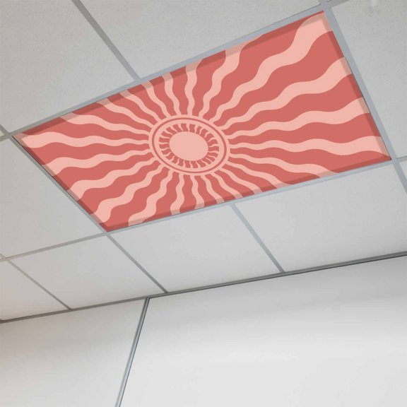 1 Pcs Coral Pink Radiant Sun Fluorescent Light Covers Abstract Wavy Sunbeams Rings Boho Eclectic Magnetic Light Covers for Ceiling Lights 4 x 2 ft Drop Ceiling Lights Cover Shade for Office, Home,