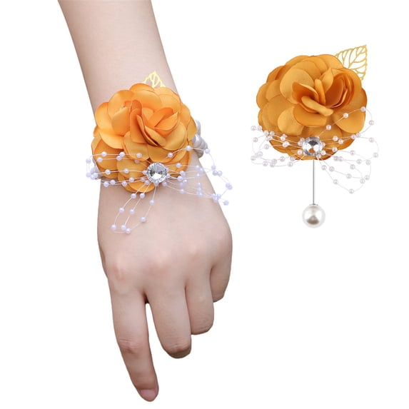 1 Pcs Corsage and Boutonniere Set, Corsage Wristlet, Beach Wedding Bridal Bouquet, Holding Toss Artificial Flower with Decor, Bride Wrist Flowers, Groom Chest Flowers, 4.33×2.76 in,Turmeric