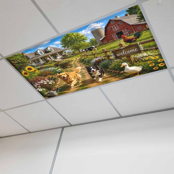 1 Pcs Country Farm Fluorescent Light Covers Rural Path Golden Retriever Border Collie Duck Magnetic Light Covers for Ceiling Lights 4 x 2 ft Drop Ceiling Lights Cover Shade for Office, Home, Hospital