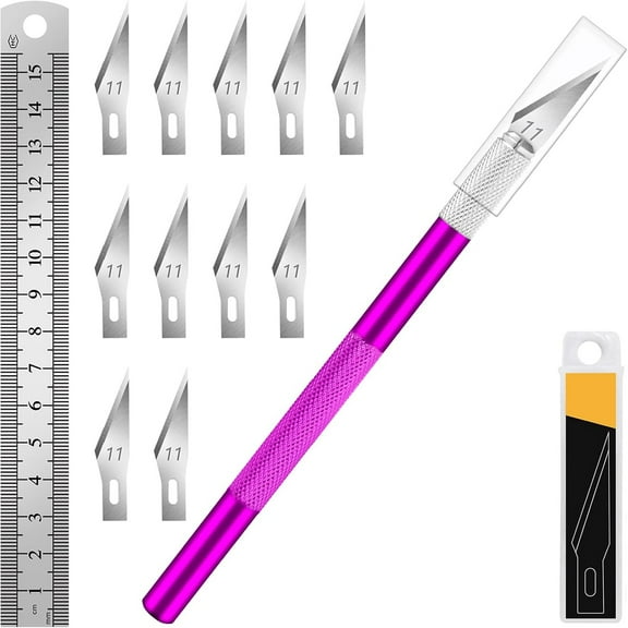 1 Pcs Craft Hobby Knife Exacto Knife with 11 Pcs Stainless Steel Blade Kit, 1pcs Steel 15CM Ruler for Art, Scrapbooking, Stencil (Purple)