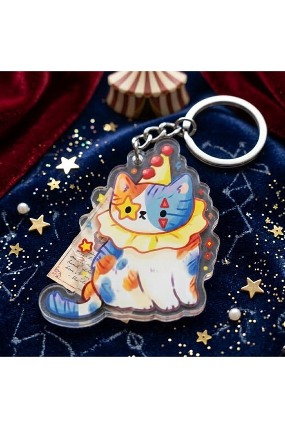 1 Pcs Cute Clown Cat Keychain, Kawaii Patchwork Calico Cat Acrylic Charm, Clowncore Aesthetic Accessory, Jester Kitty Gift, Fun Colorful Bag Charm