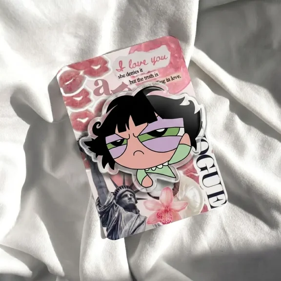1 Pcs Cute Grumpy Cartoon Girl Phone Grip| Moody Face Purple Eyeshadow Phone Stand| Pastel Goth Aesthetic Green Dress Holder| Trendy Sassy Expanding Finger Grip Stand