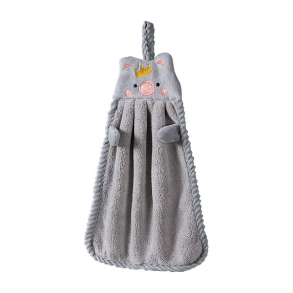 1 Pcs Cute Hand Towels with Hanging Loop, Cartoon Animal Absorbent Hand Towels for Kitchen, Coral Fleece Plush Towel for Bathroom Bedroom(Gray)