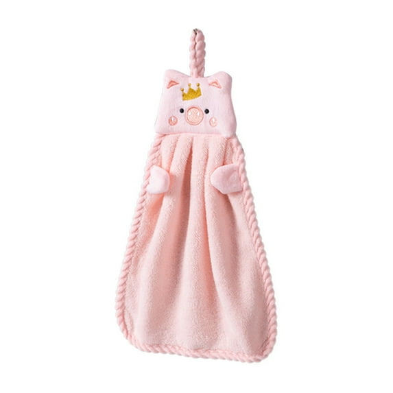 1 Pcs Cute Hand Towels with Hanging Loop, Cartoon Animal Absorbent Hand Towels for Kitchen, Coral Fleece Plush Towel for Bathroom Bedroom（Pink）
