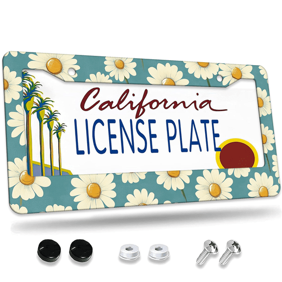 1 Pcs Daisies on Blue License Plate Frame, License Plate Cover for Car Decorative Parts, Aluminum License Plate Bracket Holder Rust-Proof Weather-Proof for US Standard Car