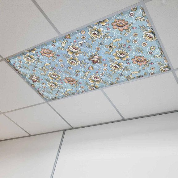 1 Pcs Damask Florals Fluorescent Light Covers Retro Yellow Ornate Vines Buds Sky Blue Background Magnetic Light Covers for Ceiling Lights 4 x 2 ft Drop Ceiling Lights Cover Shade for Office, Home,