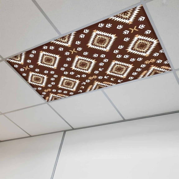 1 Pcs Dark Brown Rectangle Fluorescent Light Covers Tribal Retro Classic Geometric Abstract Magnetic Light Covers for Ceiling Lights 4 x 2 ft Drop Ceiling Lights Cover Shade for Office, Home,