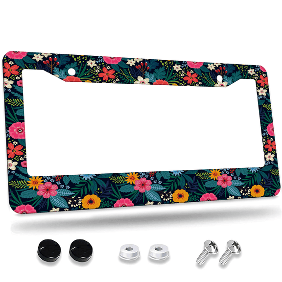1 Pcs Dark Floral License Plate Frame, License Plate Cover for Car Decorative Parts, Aluminum License Plate Bracket Holder Rust-Proof Weather-Proof for US Standard Car