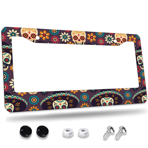 1 Pcs Day of the Dead Floral License Plate Frame, License Plate Cover for Car Decorative Parts, Aluminum License Plate Bracket Holder Rust-Proof Weather-Proof for US Standard Car