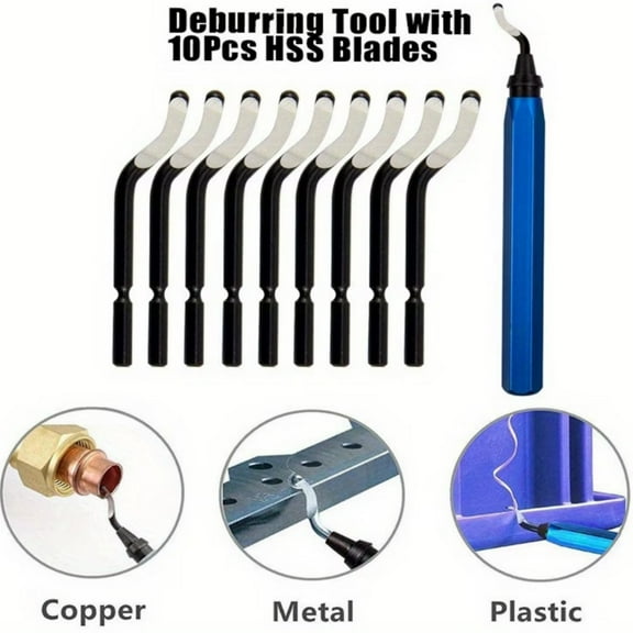 1 Pcs Deburring Tool +10 Pcs BS1010 High Speed Steel Blades for Metal, Resin, Copper, Plastic, PVC Pipes, 3D Printed Edges (1 Blue Handle)