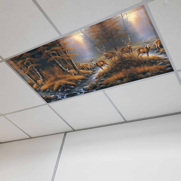 1 Pcs Deer in Fluorescent Light Covers the Forest Brown Trees with Creek Magnetic Light Covers for Ceiling Lights 4 x 2 ft Drop Ceiling Lights Cover Shade for Office, Home, Hospital