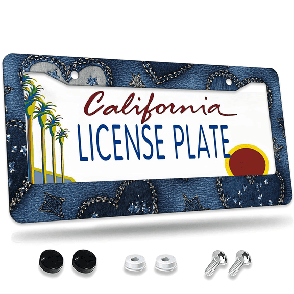 1 Pcs Denim Heart License Plate Frame, License Plate Cover for Car Decorative Parts, Aluminum License Plate Bracket Holder Rust-Proof Weather-Proof for US Standard Car