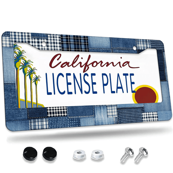 1 Pcs Denim Patchwork License Plate Frame, License Plate Cover for Car Decorative Parts, Aluminum License Plate Bracket Holder Rust-Proof Weather-Proof for US Standard Car
