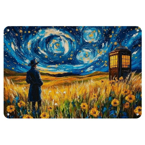 1 Pcs Doctor Who Tardis in Van Gogh Style Scenery Iron Metal Sign, Vintage Wall Art, Pre-Drilled for Easy Hanging, Waterproof, Weather Resistant, Home Coffee Shop Bedroom Restaurant Bar Decor