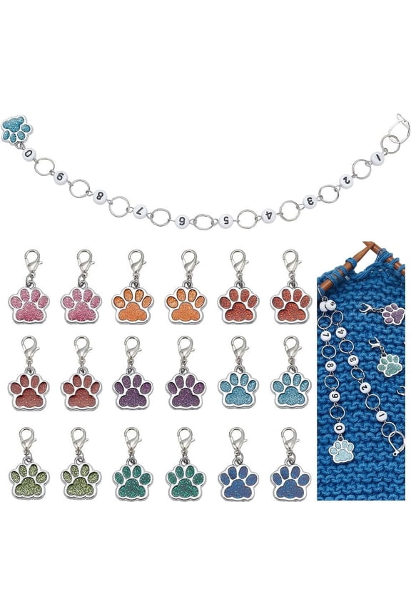 1 Pcs Dog Paw Knitting Row Counter Chains and 18 Pcs Dog Paw Stitch Markers Alloy Enamel Charms Stitch Marker for DIY Knitting Weaving Sewing Jewelry Making Crochet Tracking