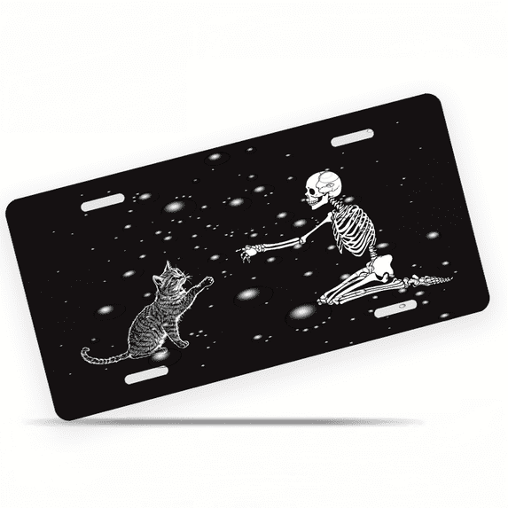 1 Pcs Durable License Plate Covers & Frames, Skeleton and Cat For Decorative Front, Waterproof For Decoration Aluminum License Plate Covers & Frames Cover For Men Women, 12" X 6"
