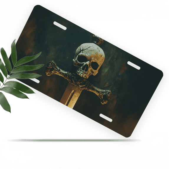 1 Pcs Durable License Plate Covers & Frames, Skull and Sword For Decorative Front, Waterproof For Decoration Aluminum License Plate Covers & Frames Cover For Men Women, 12" X 6"