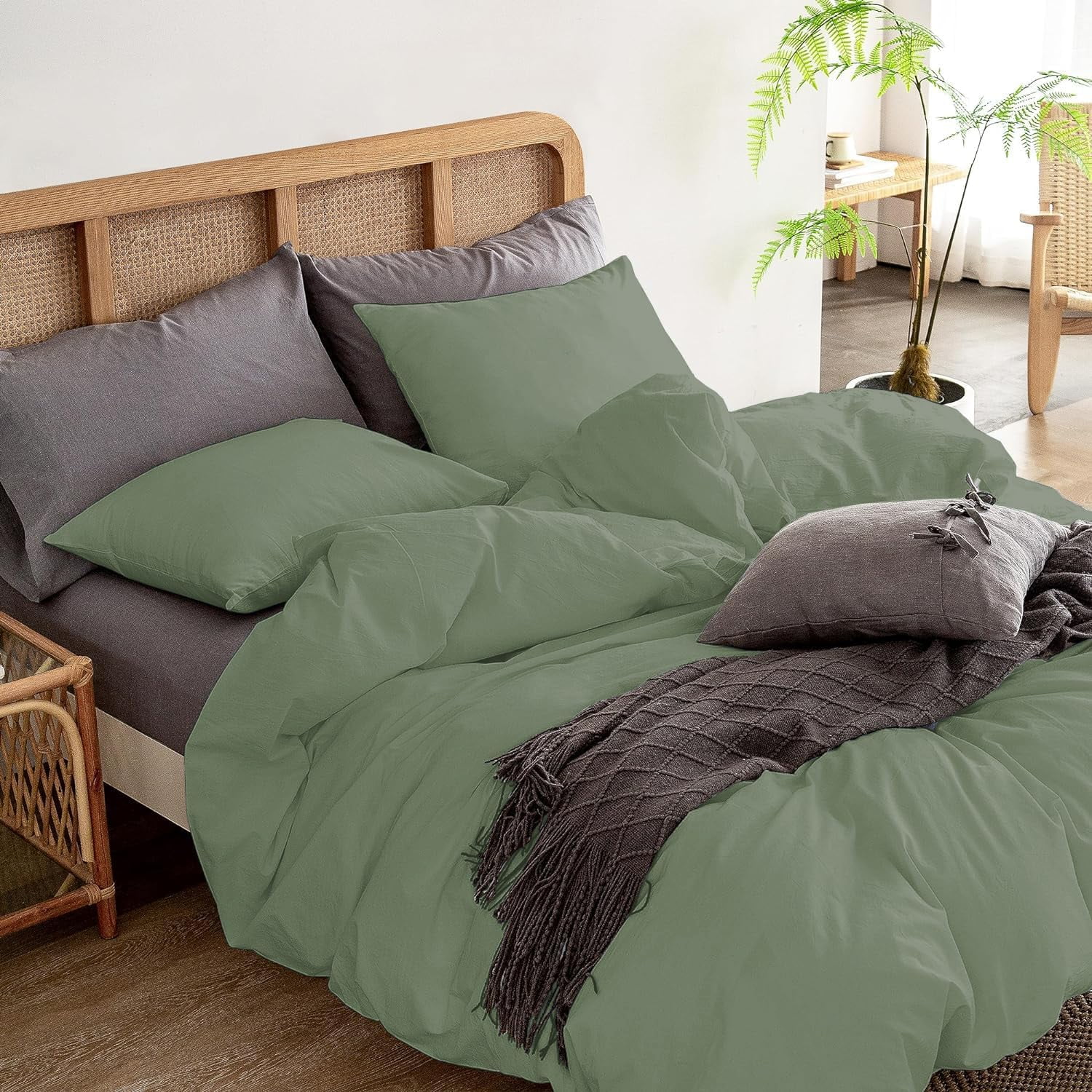 NEXHOME PRO 100% Washed Cotton Duvet Cover Set - Oversized Queen, Grey, 3-Piece Linen-Look Bedding - View #6