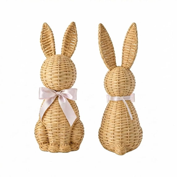 1 Pcs Easter Bunny Figurines Decor Rattan Effect Resin Easter Bunny Garden Statue with Bow for Spring Table Centerpieces Indoor Outdoor Patio Yard Farmhouse Decorations Home Decor