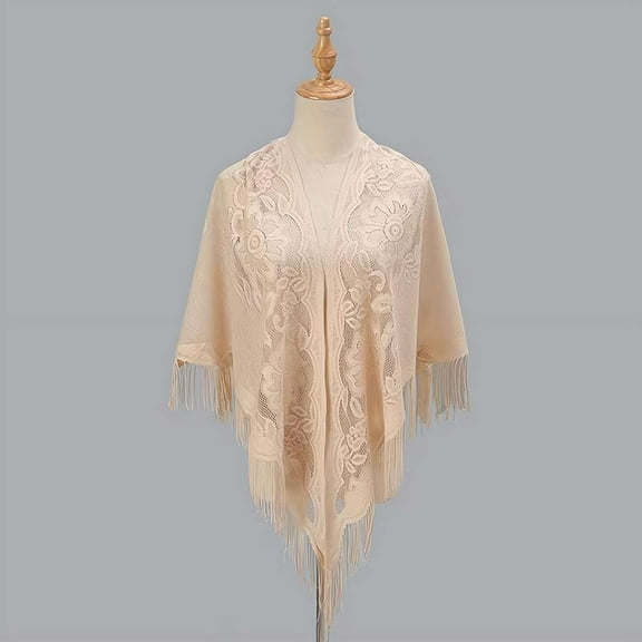 1 Pcs Elegant Women's Lace Poncho Shawl with Fringed Edges, Versatile Wrap for Weddings Evening Parties