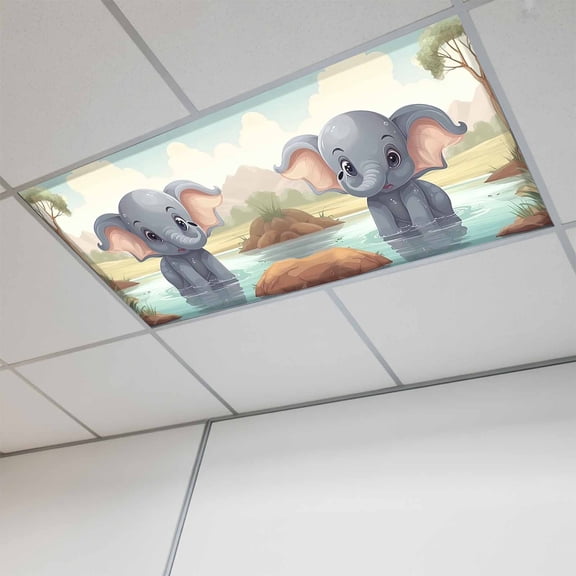 1 Pcs Elephant Pool Water Fluorescent Light Covers Trees Reflection Bathing Elephant Magnetic Light Covers for Ceiling Lights 4 x 2 ft Drop Ceiling Lights Cover Shade for Office, Home, Hospital