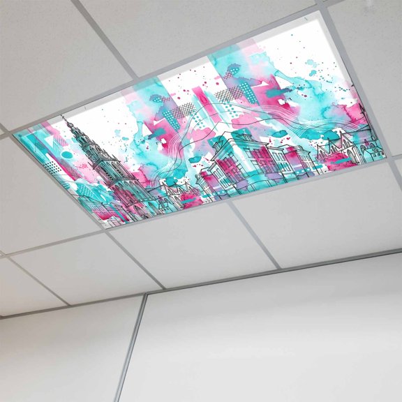 1 Pcs European Cathedral Fluorescent Light Covers Art Watercolor Splash Teal Pink Sketch Lines Magnetic Light Covers for Ceiling Lights 4 x 2 ft Drop Ceiling Lights Cover Shade for Office, Home,