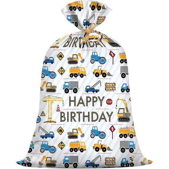 1 Pcs Extra Large Construction Birthday Gift Bag for Boys 36x56 Inch Jumbo Gift Bags Trucks Excavators Cranes Vehicle-Themed Kids Happy Birthday Parties Favors Decorations