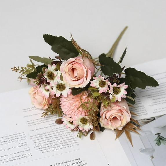 1 Pcs Fall Flowers Artificial Roses Mums Silk Fake Roses Mums Bouquet Faux Floral Arrangements Home Indoor Outdoor Planter Decor Party Wedding Table Autumn Decoration (Champagne)