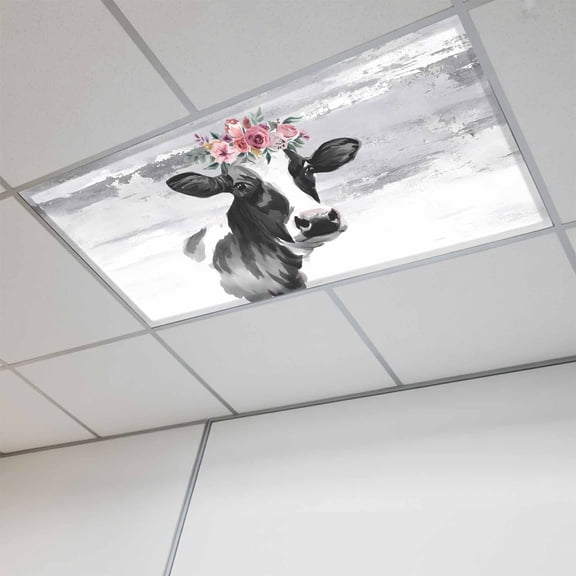 1 Pcs Farm Cow Fluorescent Light Covers Vintage Black Grey Cattle with Floral Magnetic Light Covers for Ceiling Lights 4 x 2 ft Drop Ceiling Lights Cover Shade for Office, Home, Hospital