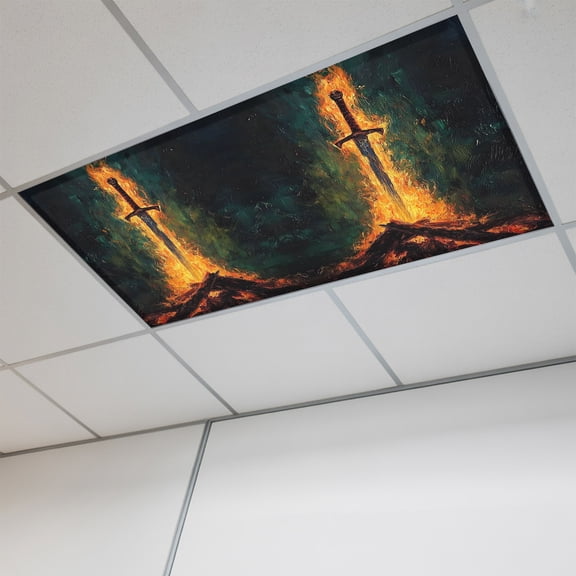 1 Pcs Fire Sword Fluorescent Light Covers Dramatic Burning Wood Gold Flickering Flames Magnetic Light Covers for Ceiling Lights 4 x 2 ft Drop Ceiling Lights Cover Shade for Office, Home, Hospital