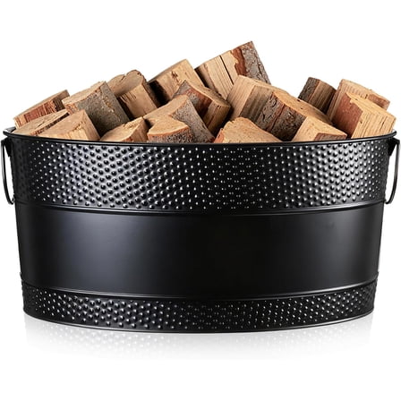 1 Pcs Firewood Log Bucket 15.8 Inch Galvanized Tub Fireplace Rack Holder with Handles, Fireplace Wood Storage Decorative Bin for Hearth Indoor Outdoor, Winter Rustic Decor (Black)