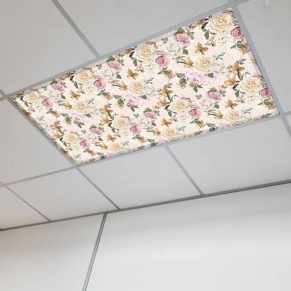 1 Pcs Floral Spring Fluorescent Light Covers Flower Retro Texture Magnetic Light Covers for Ceiling Lights 4 x 2 ft Drop Ceiling Lights Cover Shade for Office, Home, Hospital