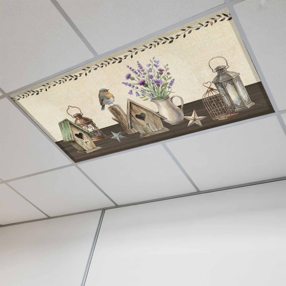 1 Pcs Floral Vases Fluorescent Light Covers Vintage Birds Cages Birdhouse Linen Texture Magnetic Light Covers for Ceiling Lights 4 x 2 ft Drop Ceiling Lights Cover Shade for Office, Home, Hospital