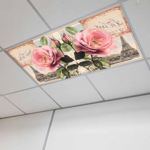 1 Pcs Flowers Stamps Fluorescent Light Covers Vintage Eiffel Tower Cards Magnetic Light Covers for Ceiling Lights 4 x 2 ft Drop Ceiling Lights Cover Shade for Office, Home, Hospital