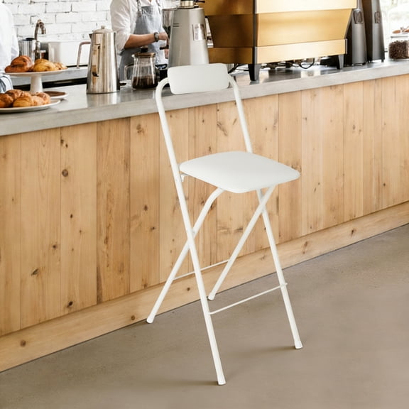 1 Pcs Folding Bar Stool with Backrest 27.5 Inch Tall Foldable Stool Chair Portable High Folding Bar Chair Counter Height Seat Cushioned Padded for Kitchen Island Shop Cafe Dining Room (White)