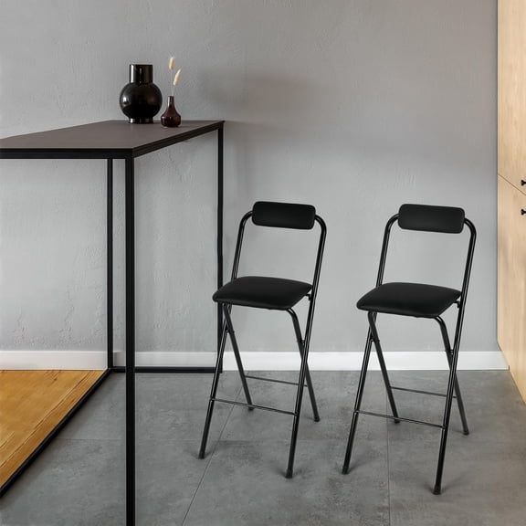 1 Pcs Folding Bar Stool with Backrest, Tall Foldable Stool Chair Portable High Folding Bar Chair Counter Height  Leather Padded for Kitchen Island Shop Cafe Dining Room Black (24 Inch)