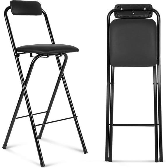 1 Pcs Folding Bar Stool with Backrest, Tall Foldable Stool Chair Portable High Folding Bar Chair Counter Height Seat Leather Padded for Kitchen Island Shop Cafe Dining Room Black (27.5 Inch)