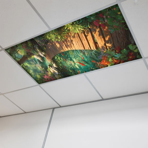 1 Pcs Forest Creek Bridge Fluorescent Light Covers Rustic Wooden Path Green Tree River Botanical Magnetic Light Covers for Ceiling Lights 4 x 2 ft Drop Ceiling Lights Cover Shade for Office, Home,
