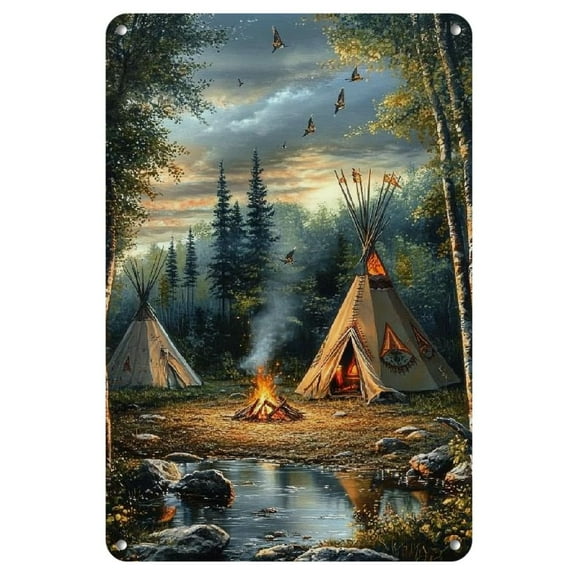 1 Pcs Forest and Teepee Scene Metal Tin Sign Wall Art, Iron Game Themed Poster, Inspirational Quote Outdoor Decor for Home, Bar, Cafe, Hotel - Pre-Drilled, Weather-Resistant, 8x12 inches