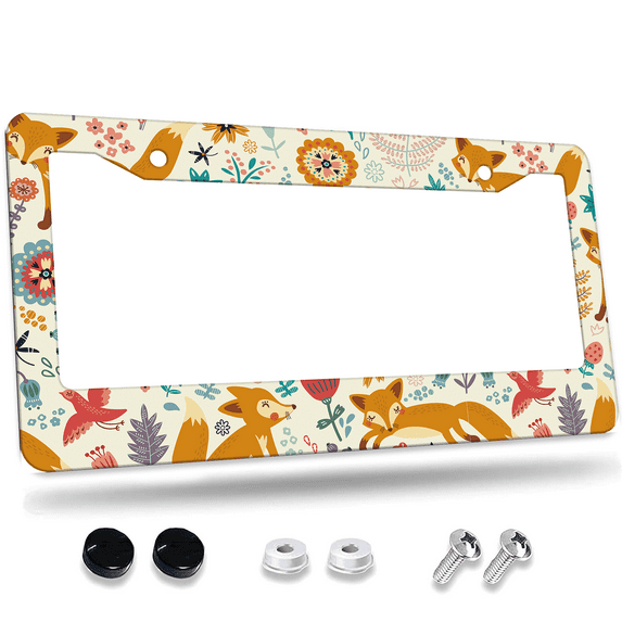 1 Pcs Foxes and Flowers License Plate Frame, License Plate Cover for Car Decorative Parts, Aluminum License Plate Bracket Holder Rust-Proof Weather-Proof for US Standard Car