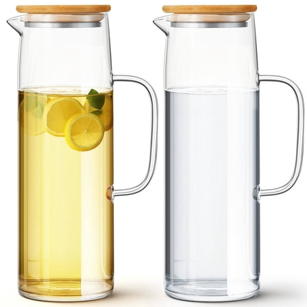 1 Pcs Glass Pitcher with Lid, 1.2L Water Carafe with Handles Hot Cold Beverage Water Jar Glass Jug for Tea Juice Milk Coffee Iced Beverage (E)