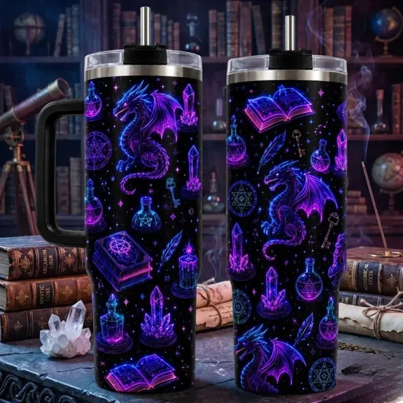 1 Pcs Glowing Neon Dragon Spell Book Potion Bottle 40oz Handle Stainless Steel Insulated Tumbler, Mystical Fantasy Book Lover Travel Coffee Mug with Straw, Halloween Christmas Gift for Bookworms
