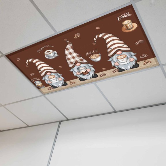 1 Pcs Gnome with Hat Coffee Cup Fluorescent Light Covers Coffee Beans Brown Background Magnetic Light Covers for Ceiling Lights 4 x 2 ft Drop Ceiling Lights Cover Shade for Office, Home, Hospital